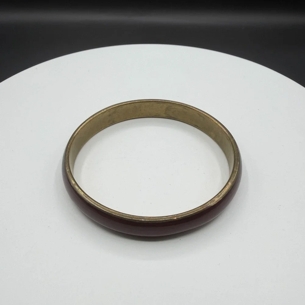Burgundy Red Enamel Gold Tone Bangle Bracelet Stackable Boho Minimalist Gift